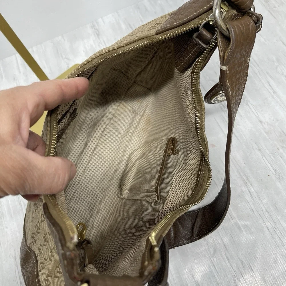 Vintage Dooney & Bourke Signature Canvas & Leather Shoulder Hobo Bag‎ Kaki Brown